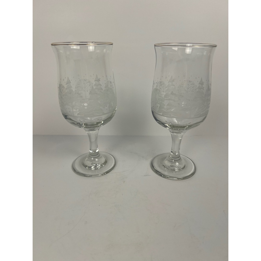 Vintage Libbey Winter Wonderland frosted trees Gold Rim Arbys set‎ of 2